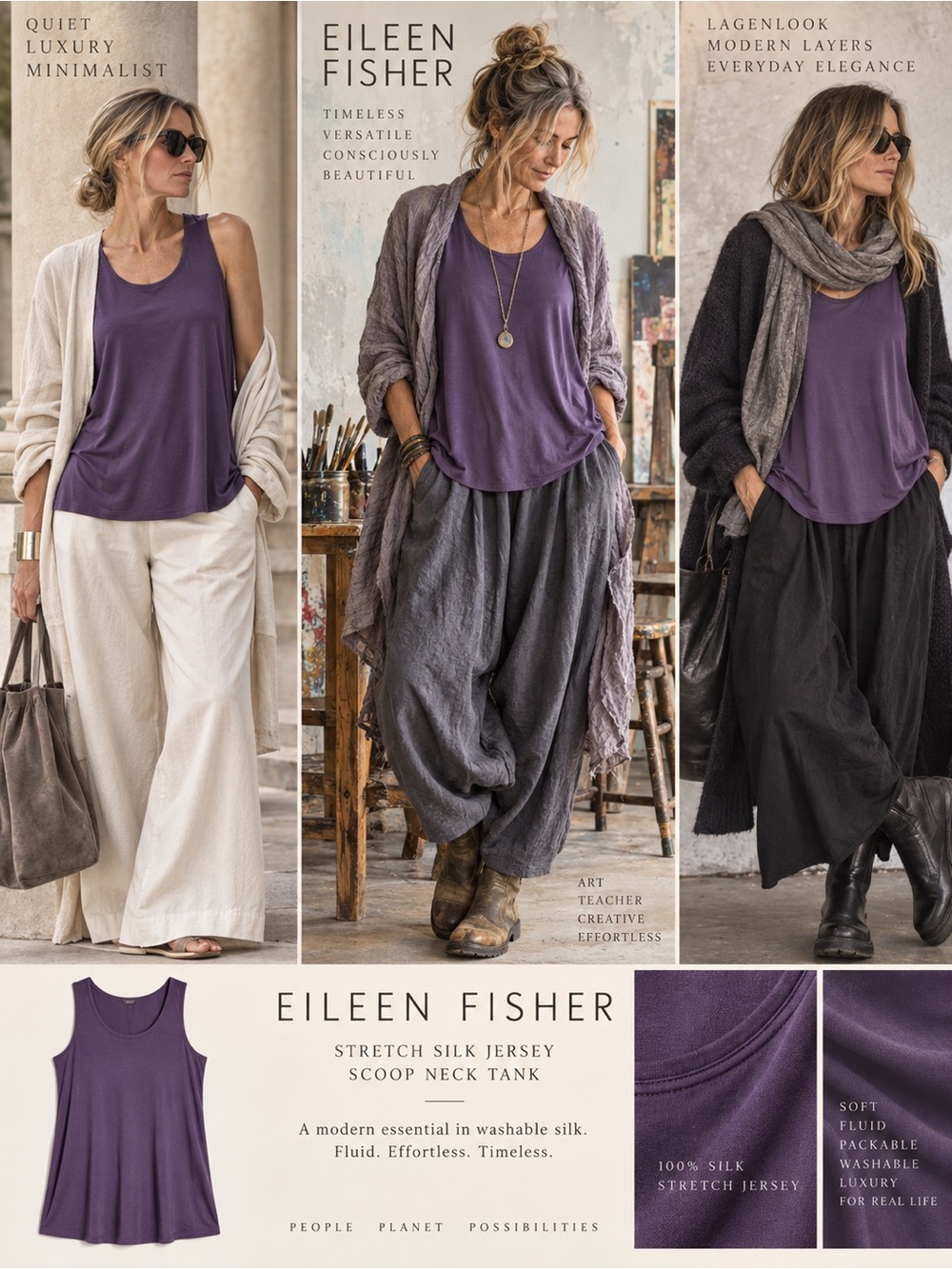 Eileen Fisher Stretch Silk Jersey Scoop Neck Tank Grape Purple Large NWT